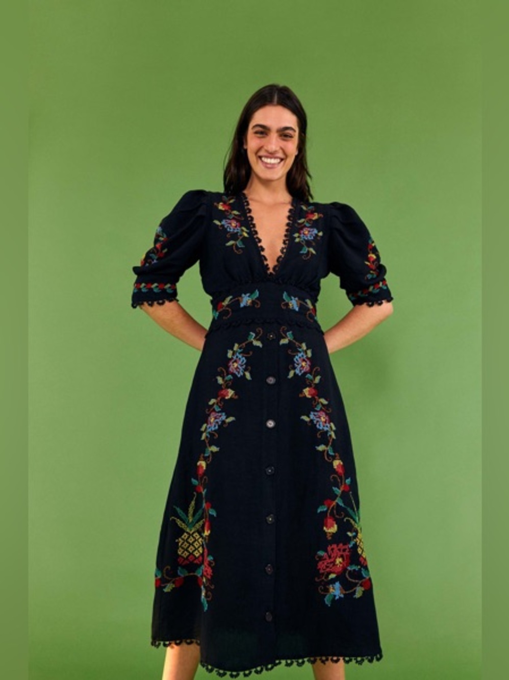 NWT Farm Rio black cross stitch midi dress - Picture 1 of 9